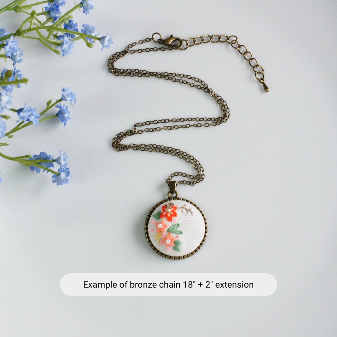 Embroidered Pendant with Rose Buds in Antique Bronze Chain